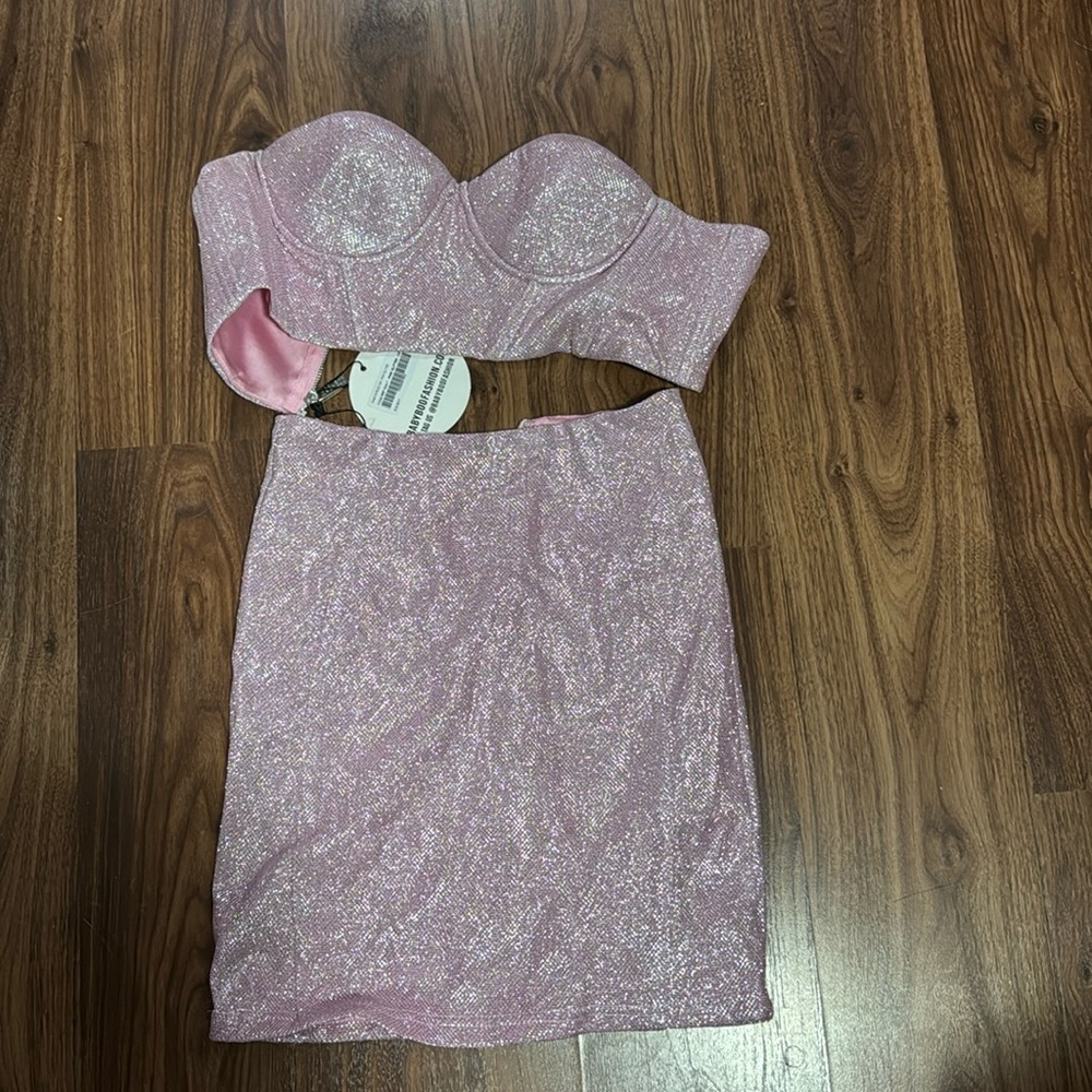 Babyboo two pink pink sparkly corset strapless top and high waisted mini skirt